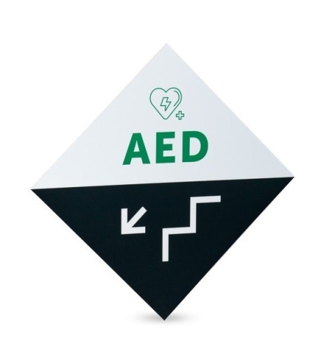 Tablica – po schodach w dół – z kierunkiem „w lewo”